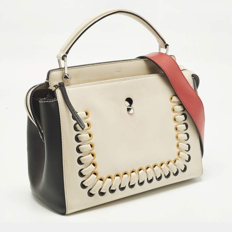 Pre Owned Fendi Dotcom Whipstitched Large Off White/Black Leather Top Handle Bag