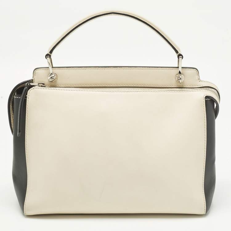 Pre Owned Fendi Dotcom Whipstitched Large Off White/Black Leather Top Handle Bag