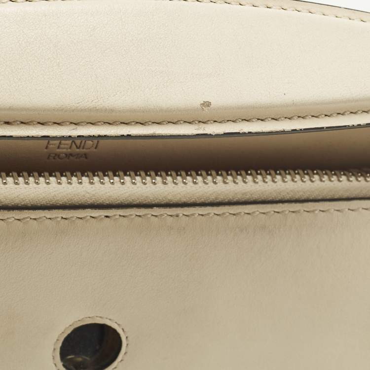 Pre Owned Fendi Dotcom Whipstitched Large Off White/Black Leather Top Handle Bag