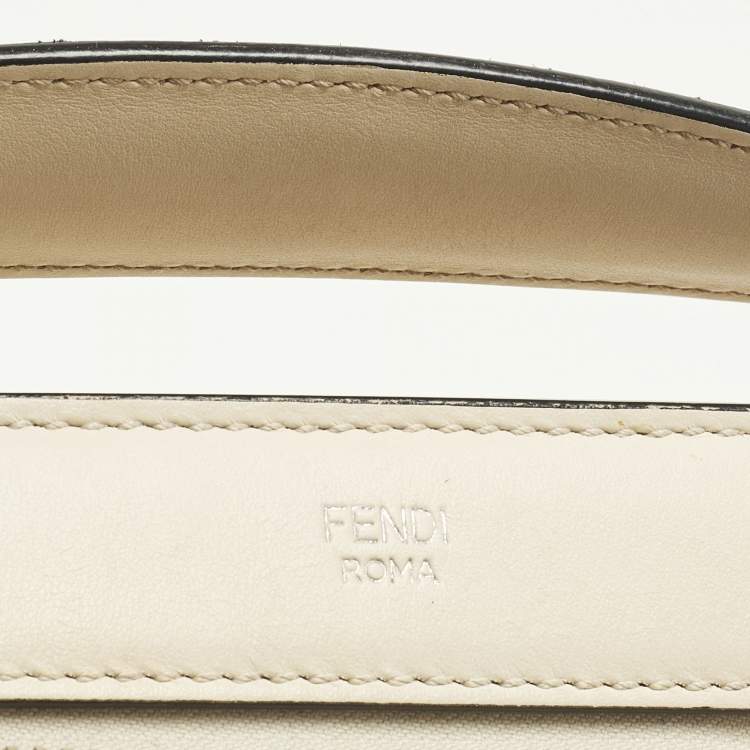 Pre Owned Fendi Dotcom Whipstitched Large Off White/Black Leather Top Handle Bag