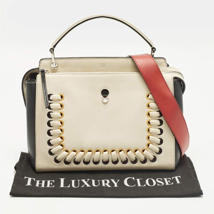 Pre Owned Fendi Dotcom Whipstitched Large Off White/Black Leather Top Handle Bag