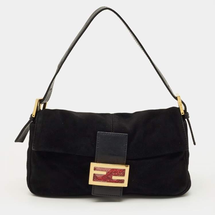Pre Owned Fendi Flap Baguette Black Suede Bag