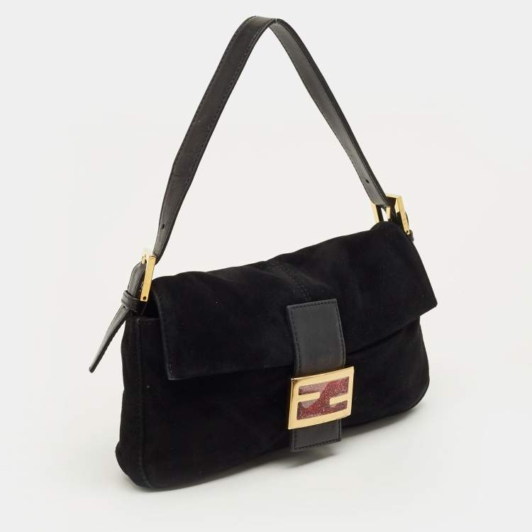Pre Owned Fendi Flap Baguette Black Suede Bag