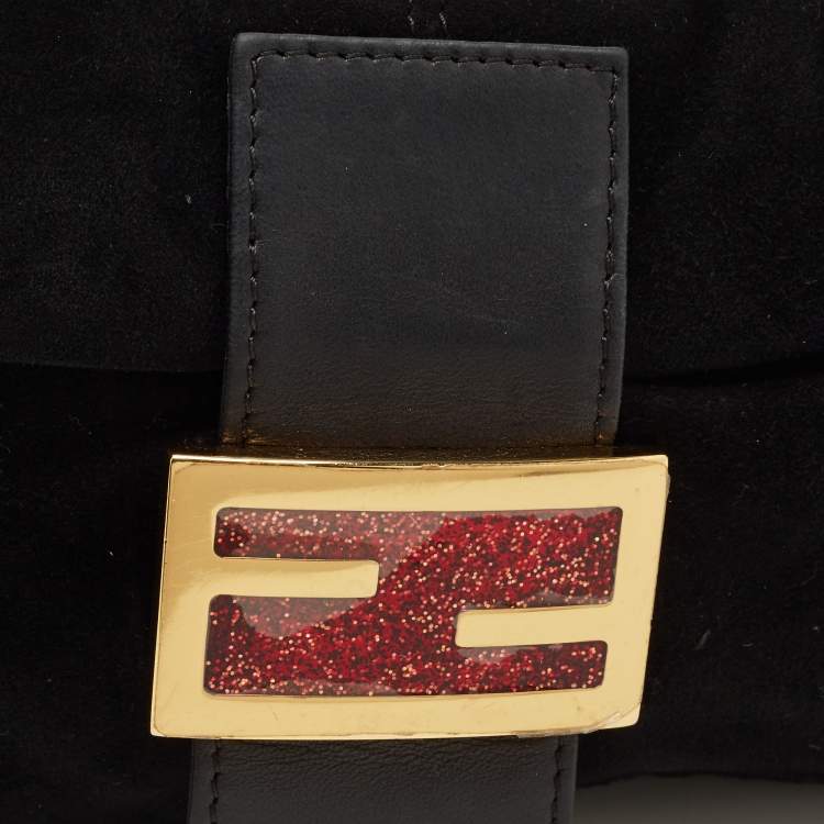 Pre Owned Fendi Flap Baguette Black Suede Bag