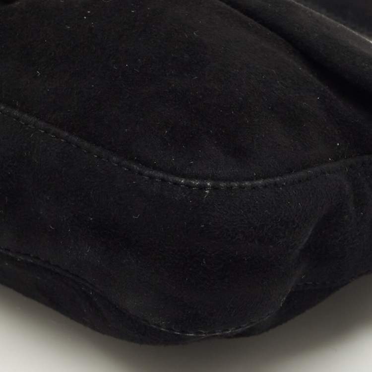 Pre Owned Fendi Flap Baguette Black Suede Bag