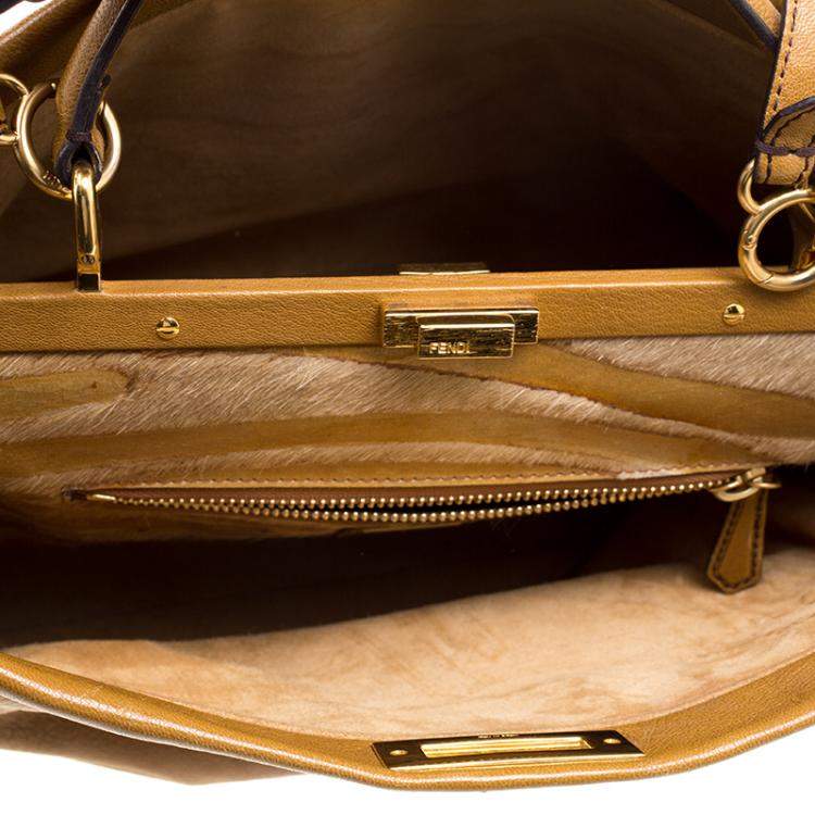 Pre Owned Fendi Tan/Brown Ombre Leather with Calfhair Lining Large Peekaboo Top Handle Bag