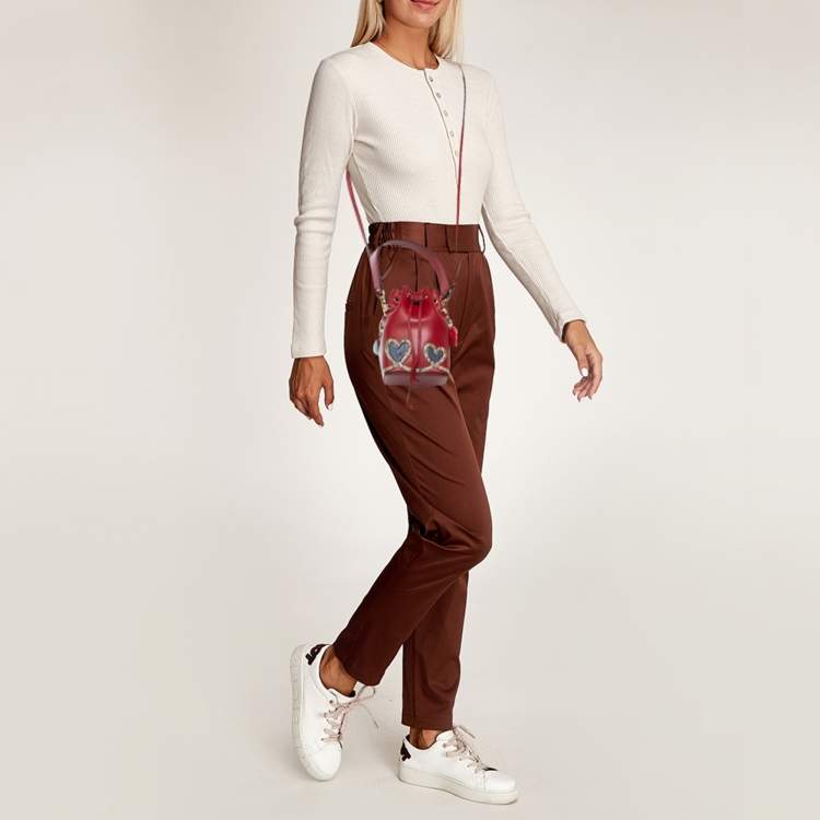 Pre Owned Fendi Mon Tresor Red Elaphe Leather and Leather Bucket Bag w/Charms