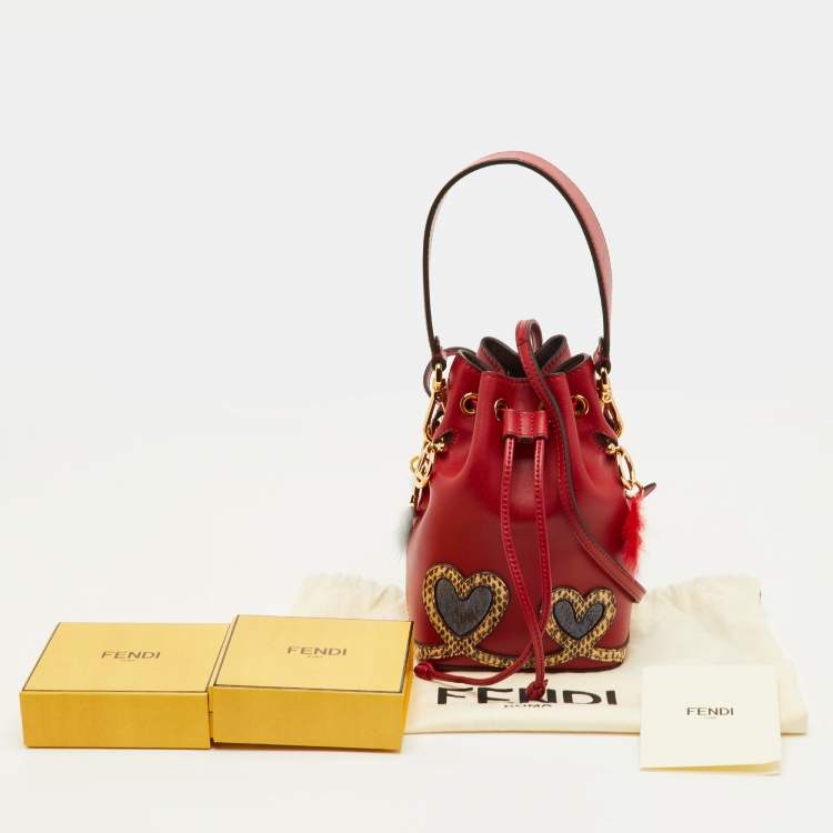 Pre Owned Fendi Mon Tresor Red Elaphe Leather and Leather Bucket Bag w/Charms