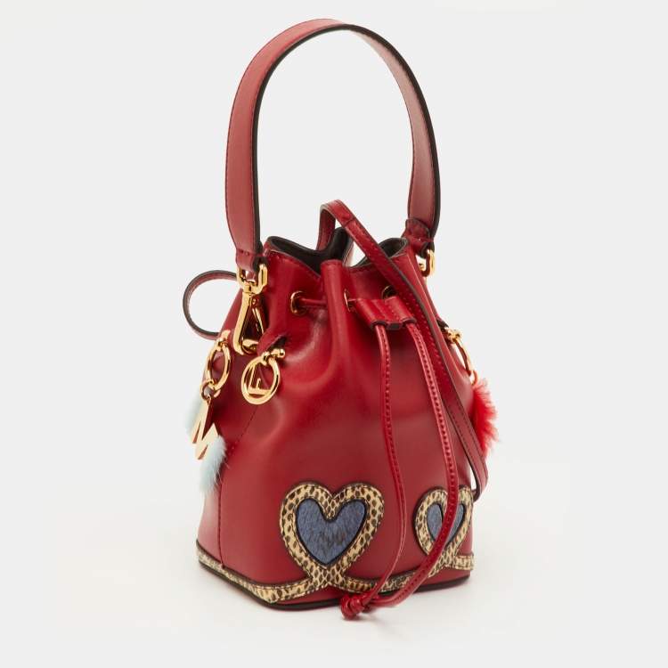 Pre Owned Fendi Mon Tresor Red Elaphe Leather and Leather Bucket Bag w/Charms