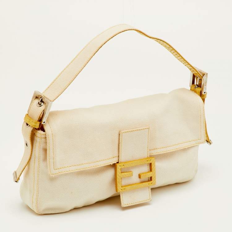 Pre Owned Fendi Vintage Off White/Yellow Canvas and Python Trim Baguette