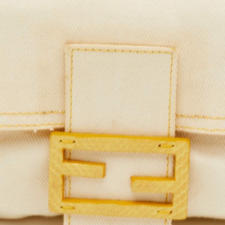Pre Owned Fendi Vintage Off White/Yellow Canvas and Python Trim Baguette