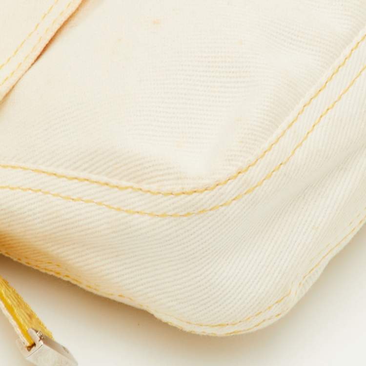 Pre Owned Fendi Vintage Off White/Yellow Canvas and Python Trim Baguette