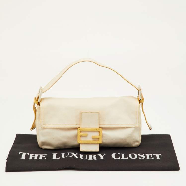Pre Owned Fendi Vintage Off White/Yellow Canvas and Python Trim Baguette