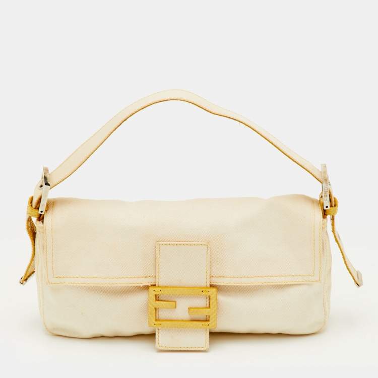 Pre Owned Fendi Vintage Off White/Yellow Canvas and Python Trim Baguette