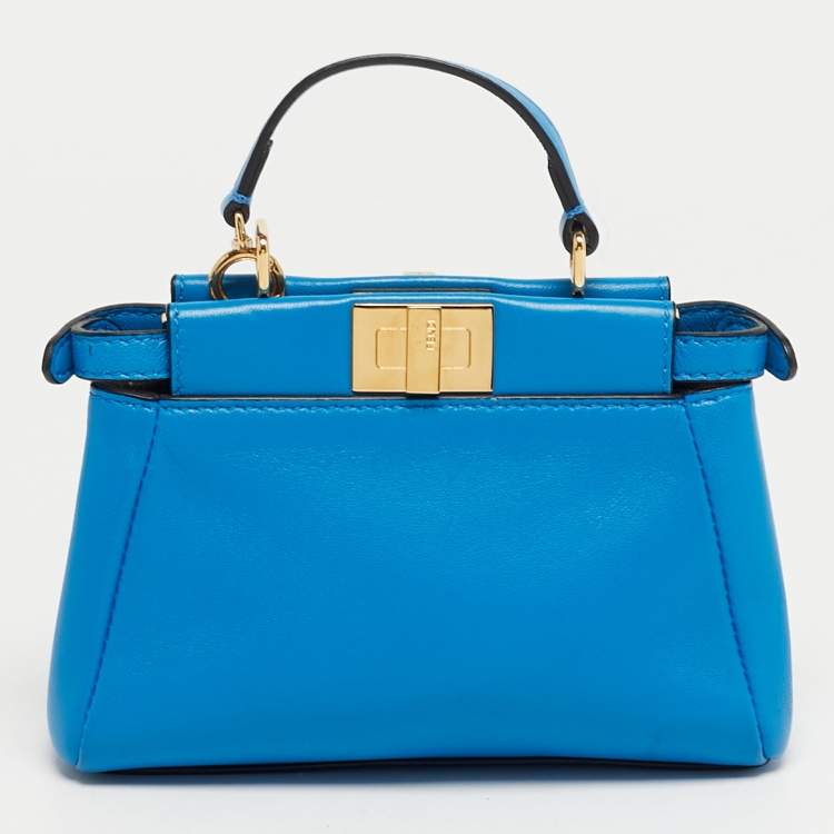 Pre Owned Fendi Peekaboo Micro Blue Leather Top Handle Bag