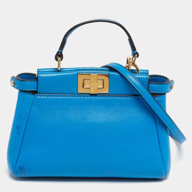 Pre Owned Fendi Peekaboo Micro Blue Leather Top Handle Bag