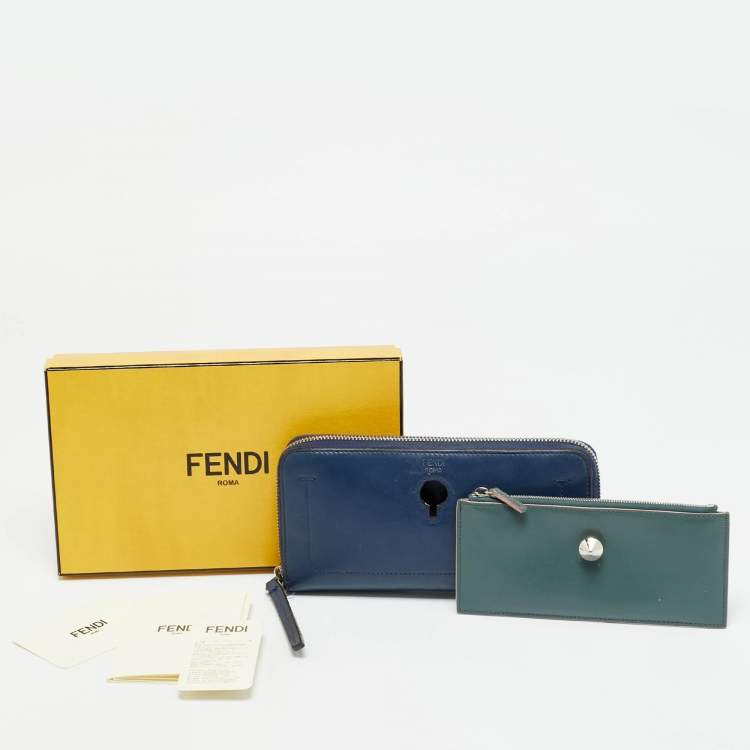 Pre Owned Fendi Dotcom Navy Blue Leather Zip Continental Wallet