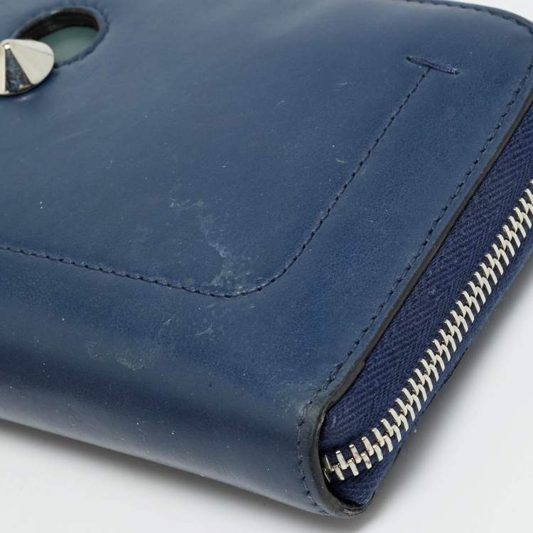 Pre Owned Fendi Dotcom Navy Blue Leather Zip Continental Wallet