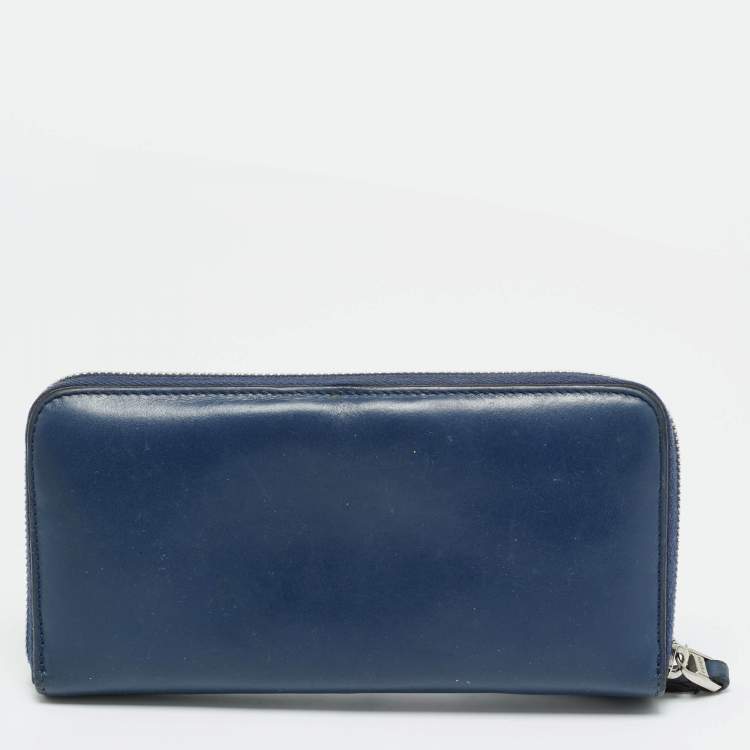 Pre Owned Fendi Dotcom Navy Blue Leather Zip Continental Wallet
