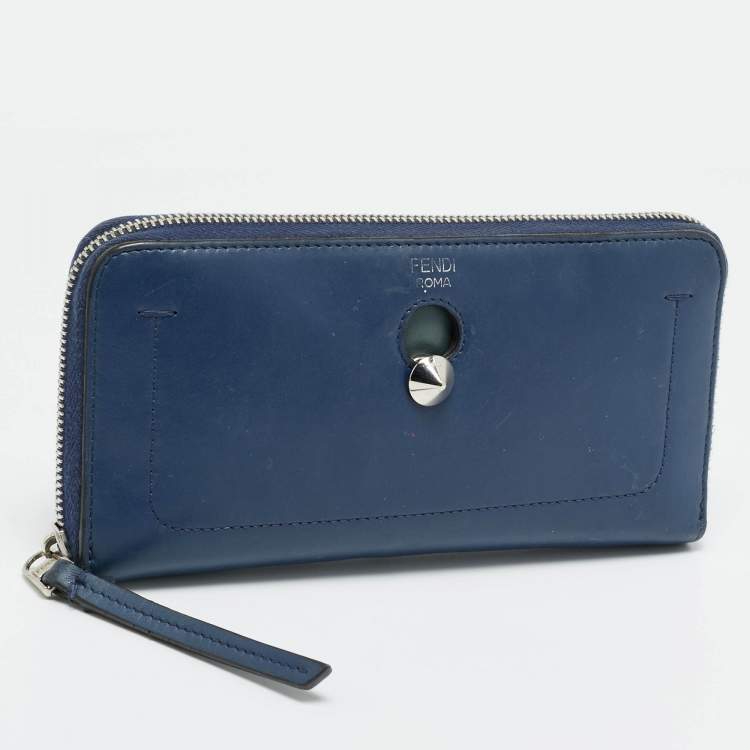 Pre Owned Fendi Dotcom Navy Blue Leather Zip Continental Wallet