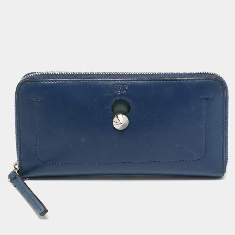 Pre Owned Fendi Dotcom Navy Blue Leather Zip Continental Wallet