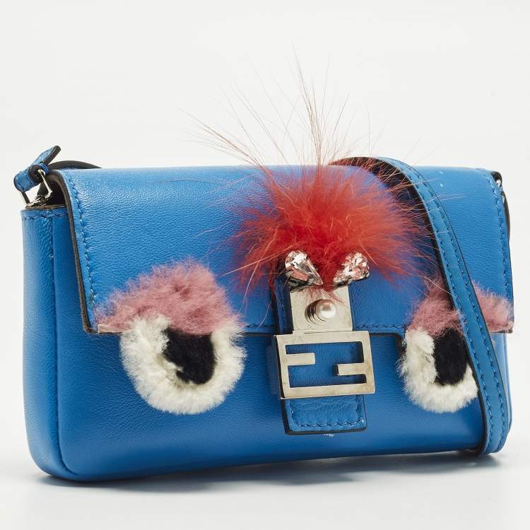 Pre Owned Fendi Monster Micro Blue Fur and Leather Baguette Bag