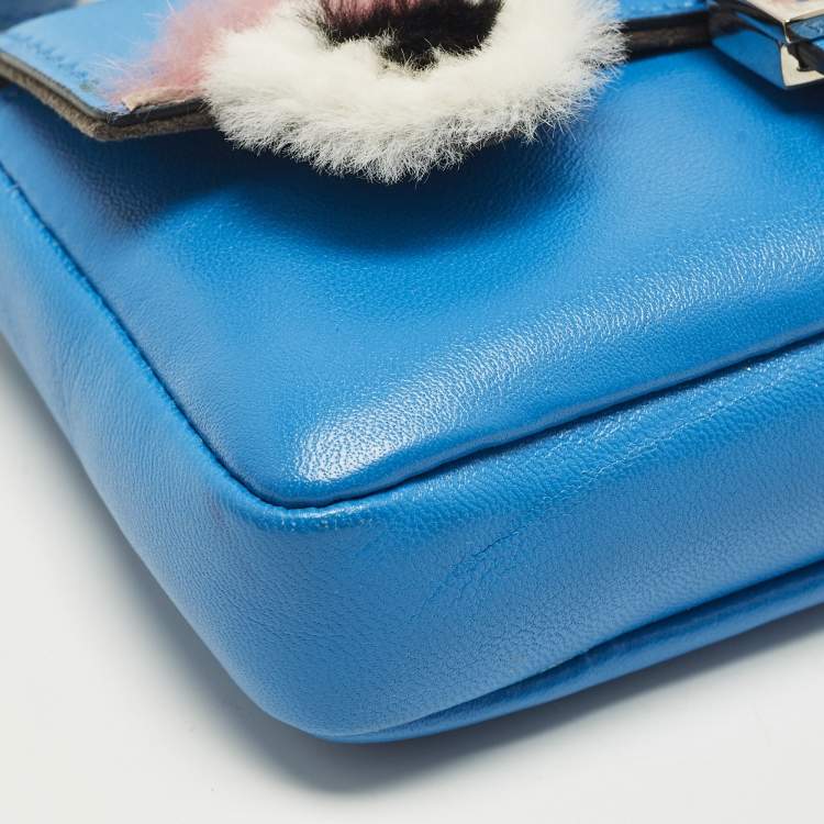 Pre Owned Fendi Monster Micro Blue Fur and Leather Baguette Bag