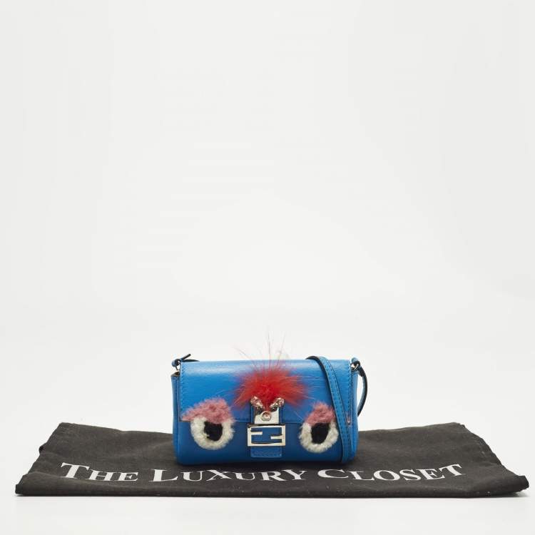 Pre Owned Fendi Monster Micro Blue Fur and Leather Baguette Bag