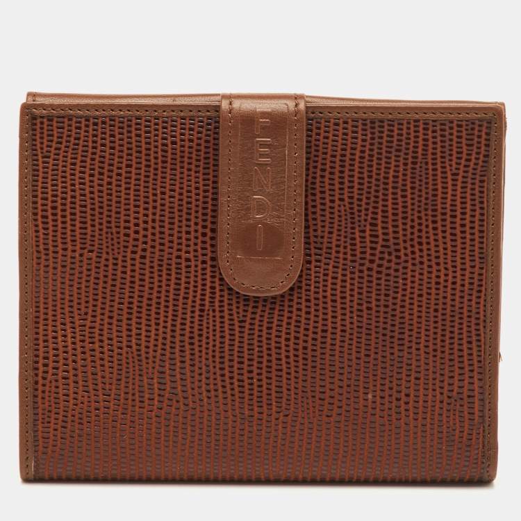 Pre Owned Fendi Vintage Brown Lizard Effect Leather Compact Wallet