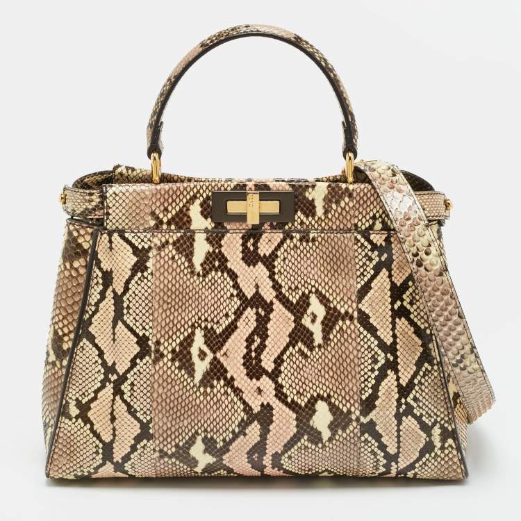 Pre Owned Fendi Peekaboo Medium Pink/Cream Python Top Handle Bag
