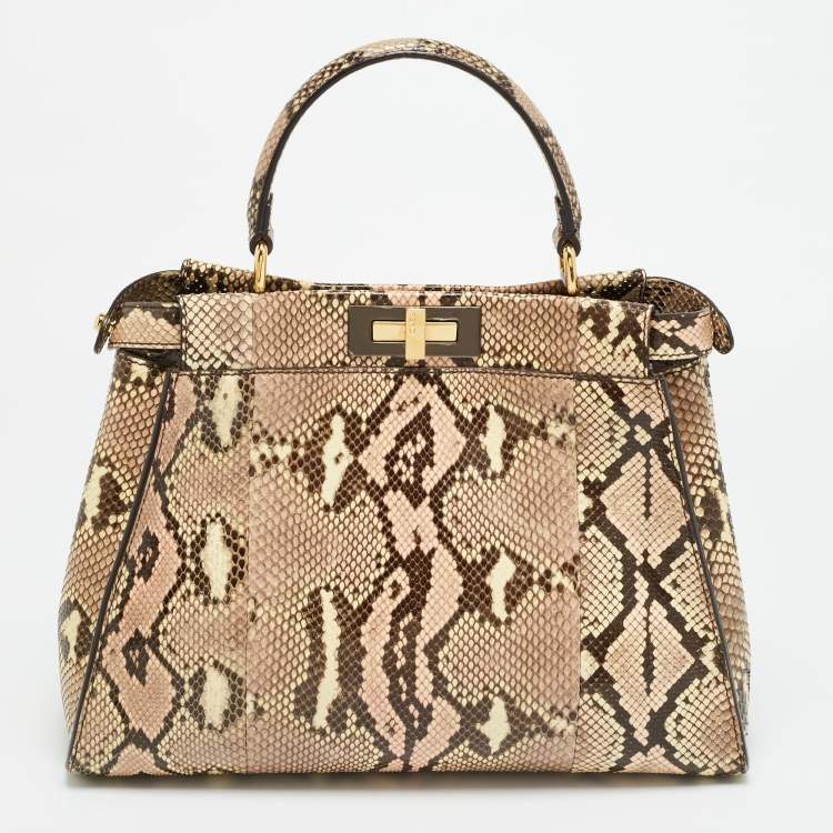 Pre Owned Fendi Peekaboo Medium Pink/Cream Python Top Handle Bag