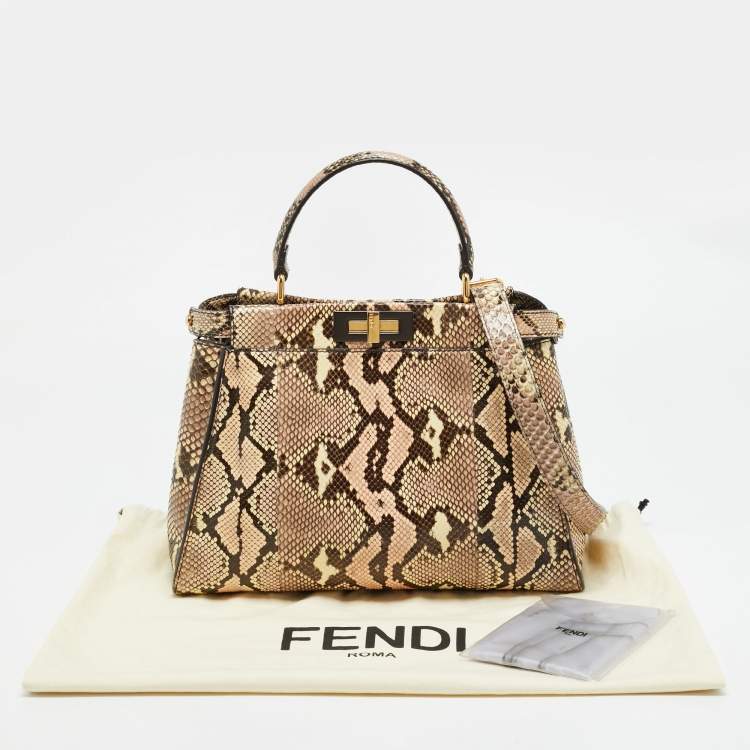 Pre Owned Fendi Peekaboo Medium Pink/Cream Python Top Handle Bag