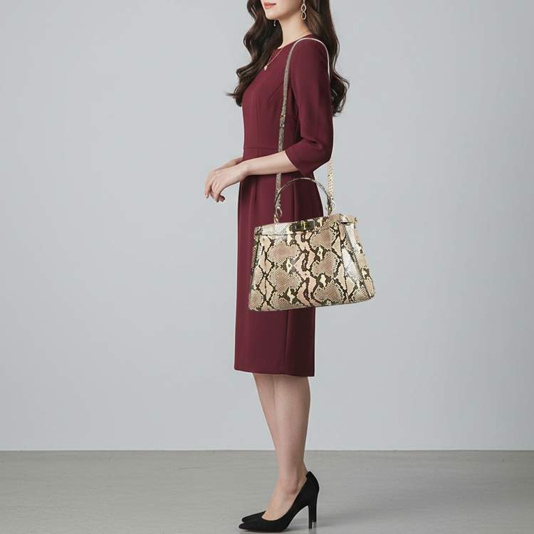 Pre Owned Fendi Peekaboo Medium Pink/Cream Python Top Handle Bag