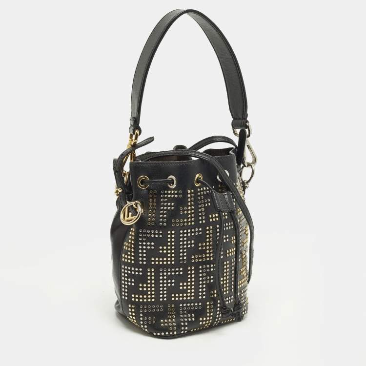 Pre Owned Fendi FF Studded Mon Tresor Mini Black Leather Bucket Bag