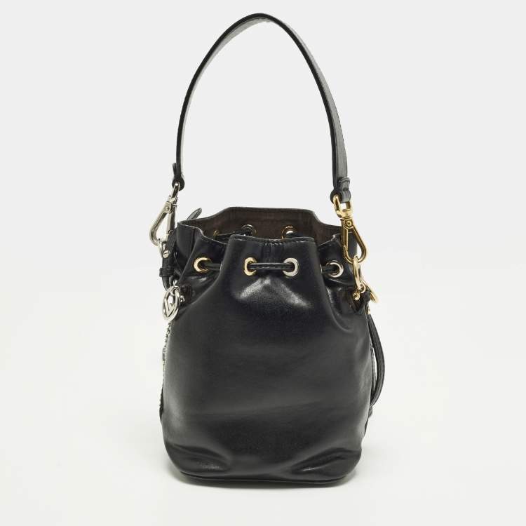 Pre Owned Fendi FF Studded Mon Tresor Mini Black Leather Bucket Bag