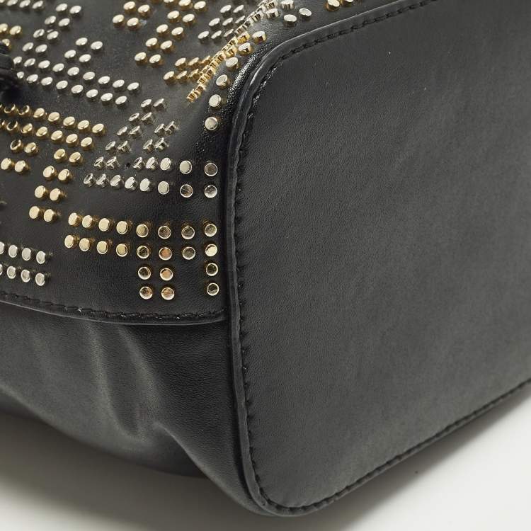 Pre Owned Fendi FF Studded Mon Tresor Mini Black Leather Bucket Bag