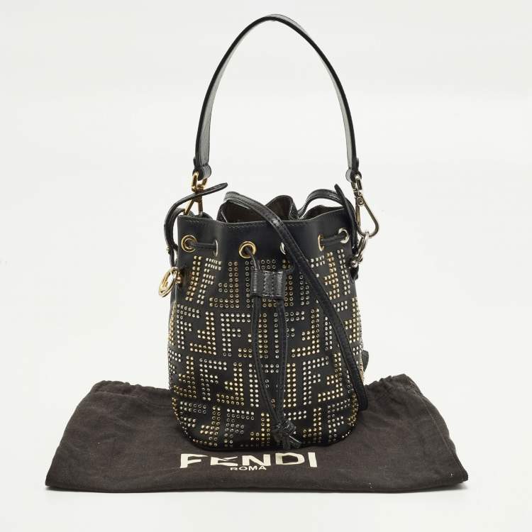 Pre Owned Fendi FF Studded Mon Tresor Mini Black Leather Bucket Bag