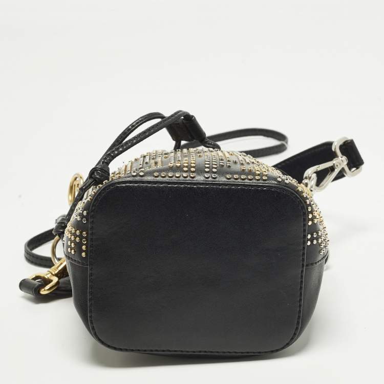 Pre Owned Fendi FF Studded Mon Tresor Mini Black Leather Bucket Bag