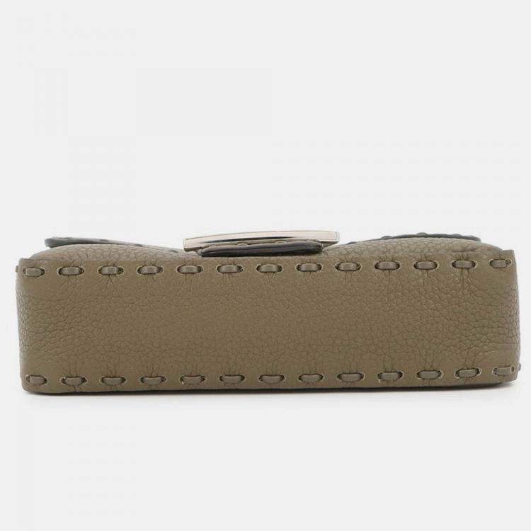 Pre Owned Fendi Baguette Selleria 2-Way Chain Shoulder Bag Khaki Leather Size Mini