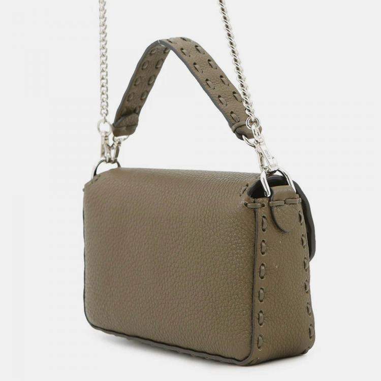 Pre Owned Fendi Baguette Selleria 2-Way Chain Shoulder Bag Khaki Leather Size Mini