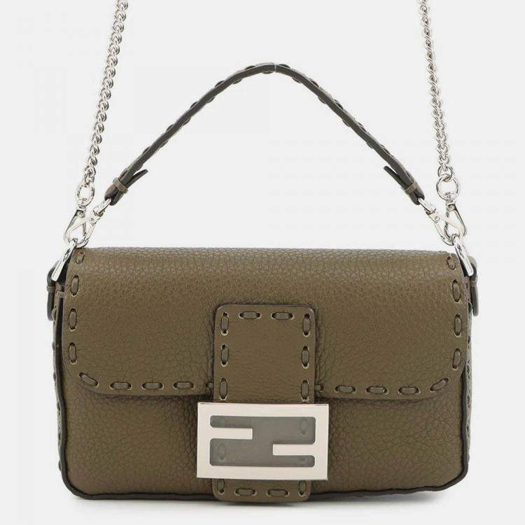 Pre Owned Fendi Baguette Selleria 2-Way Chain Shoulder Bag Khaki Leather Size Mini