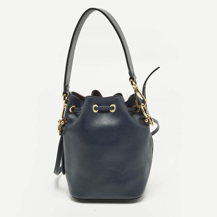 Pre Owned Fendi Mon Tresor Mini Navy Blue Leather Bucket Bag