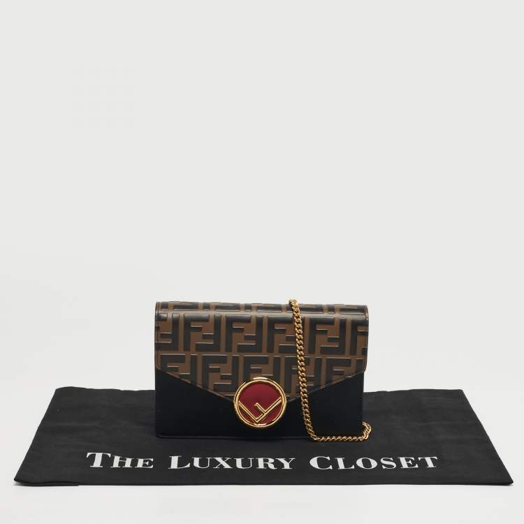 Pre Owned Fendi F is Fendi Medium Zucca Black/Brown Leather Wallet On Chain