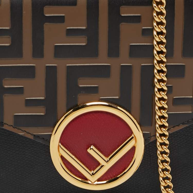 Pre Owned Fendi F is Fendi Medium Zucca Black/Brown Leather Wallet On Chain
