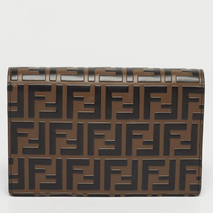 Pre Owned Fendi F is Fendi Medium Zucca Black/Brown Leather Wallet On Chain