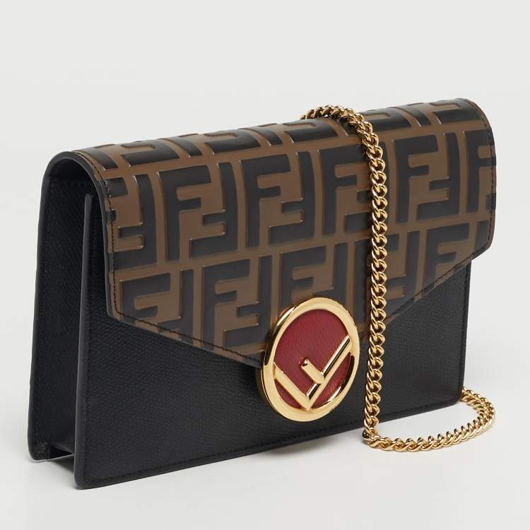 Pre Owned Fendi F is Fendi Medium Zucca Black/Brown Leather Wallet On Chain