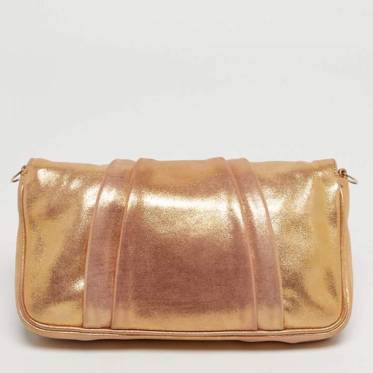 Pre Owned Fendi Mia Gold Shimmer Leather Chain Clutch