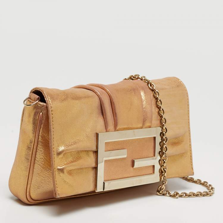 Pre Owned Fendi Mia Gold Shimmer Leather Chain Clutch