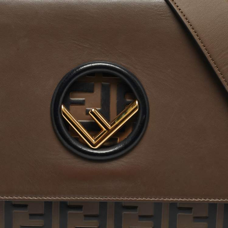 Pre Owned Fendi Kan I F Brown/Black Zucca Embossed Leather Top Handle Bag