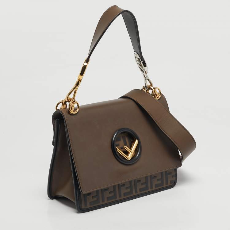 Pre Owned Fendi Kan I F Brown/Black Zucca Embossed Leather Top Handle Bag